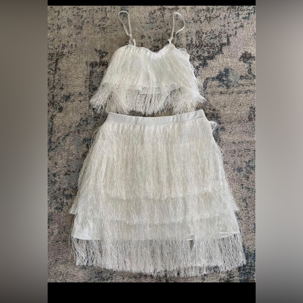White Fringe Crop Top and Skirt Set